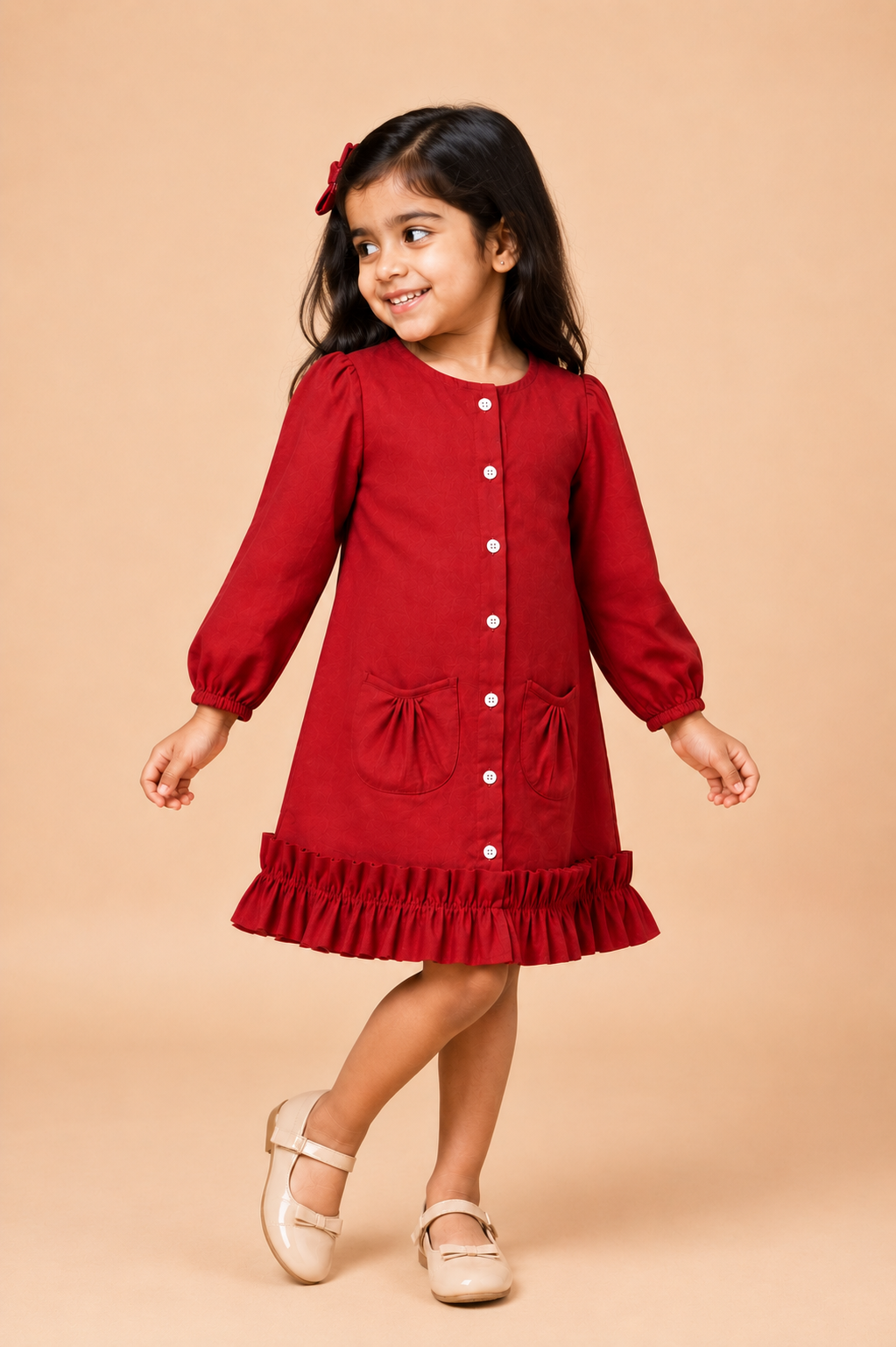 Gigi x Tyohaar | A-line Frock with Bubble Sleeve in Cranberry Red Linen
