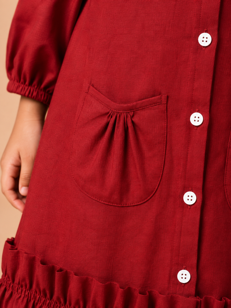 Gigi x Tyohaar | A-line Frock with Bubble Sleeve in Cranberry Red Linen