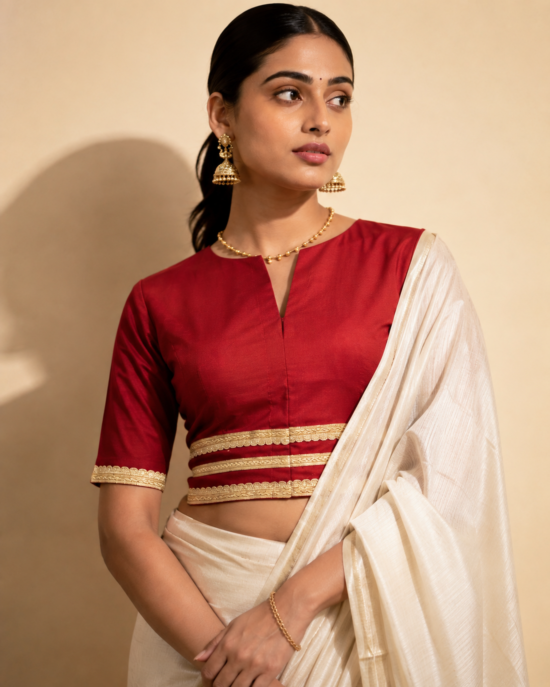 Shree | Elbow Sleeve Cranberry Red Linen FlexiFit™ Saree Blouse