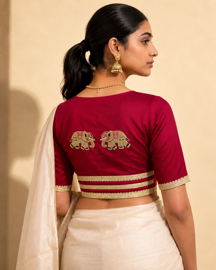 Shree | Elbow Sleeve Cranberry Red Linen FlexiFit™ Saree Blouse