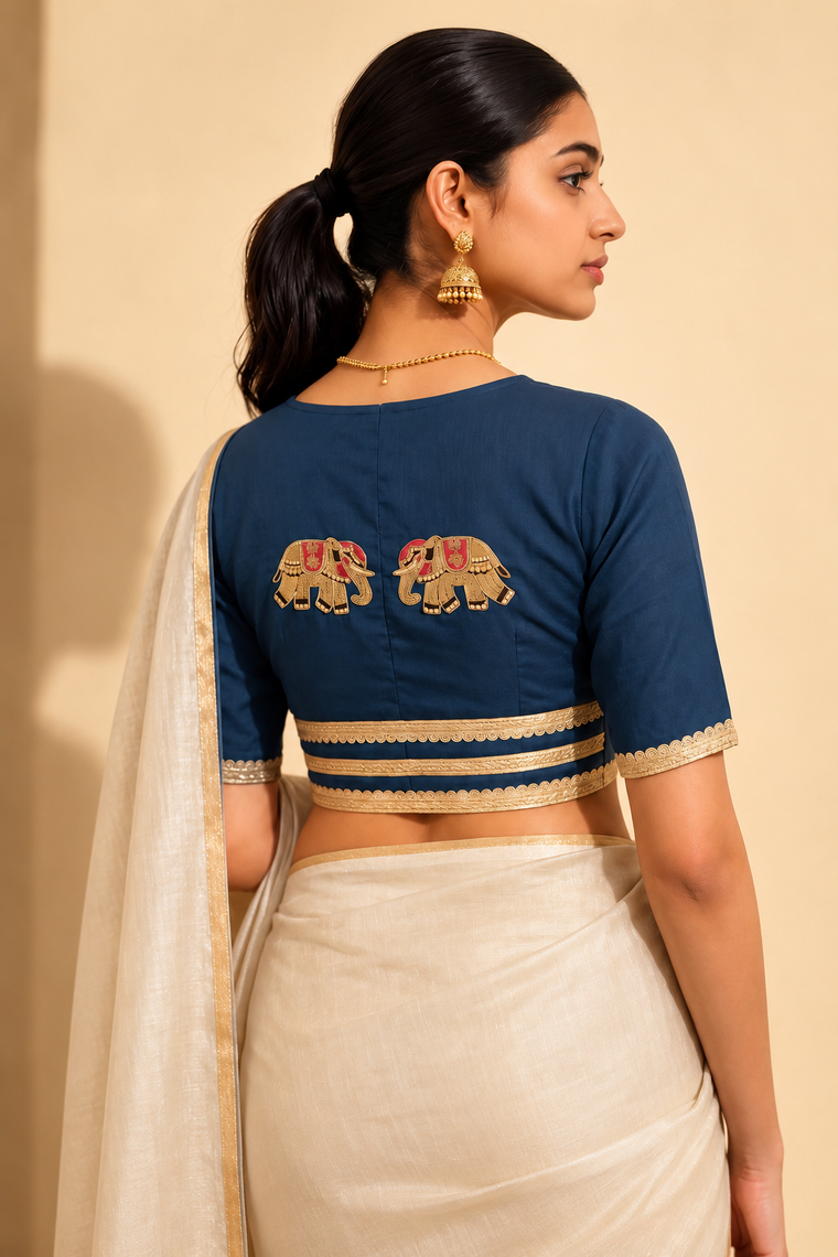 Shree | Elbow Sleeve Regal Blue Linen FlexiFit™ Saree Blouse