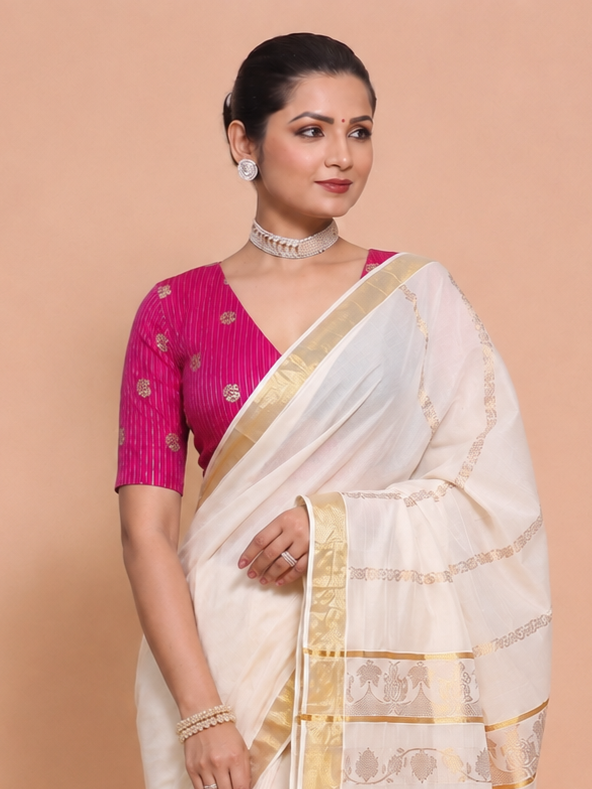 Madhura | Elbow Sleeve Rani Pink Striped Peacock Brocade FlexiFit™ Saree Blouse