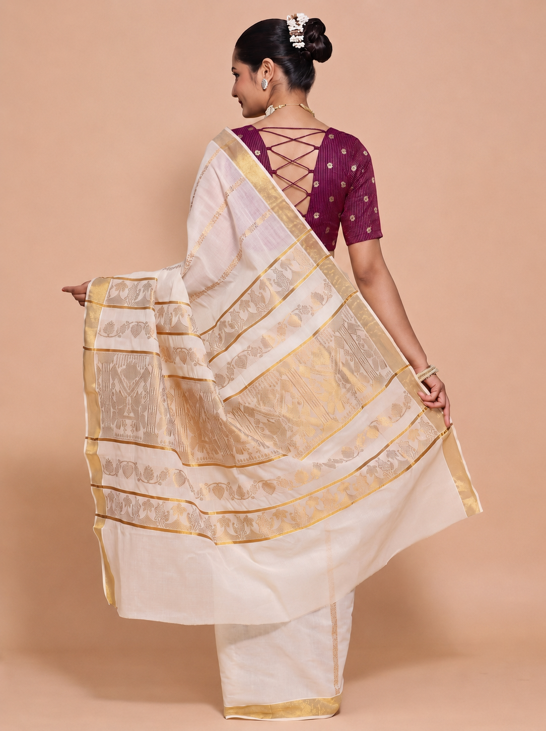 Kasavu-Kit Kasavu Saree with Madhura Elbow Sleeve blouse in Plum Striped Peacock Brocade