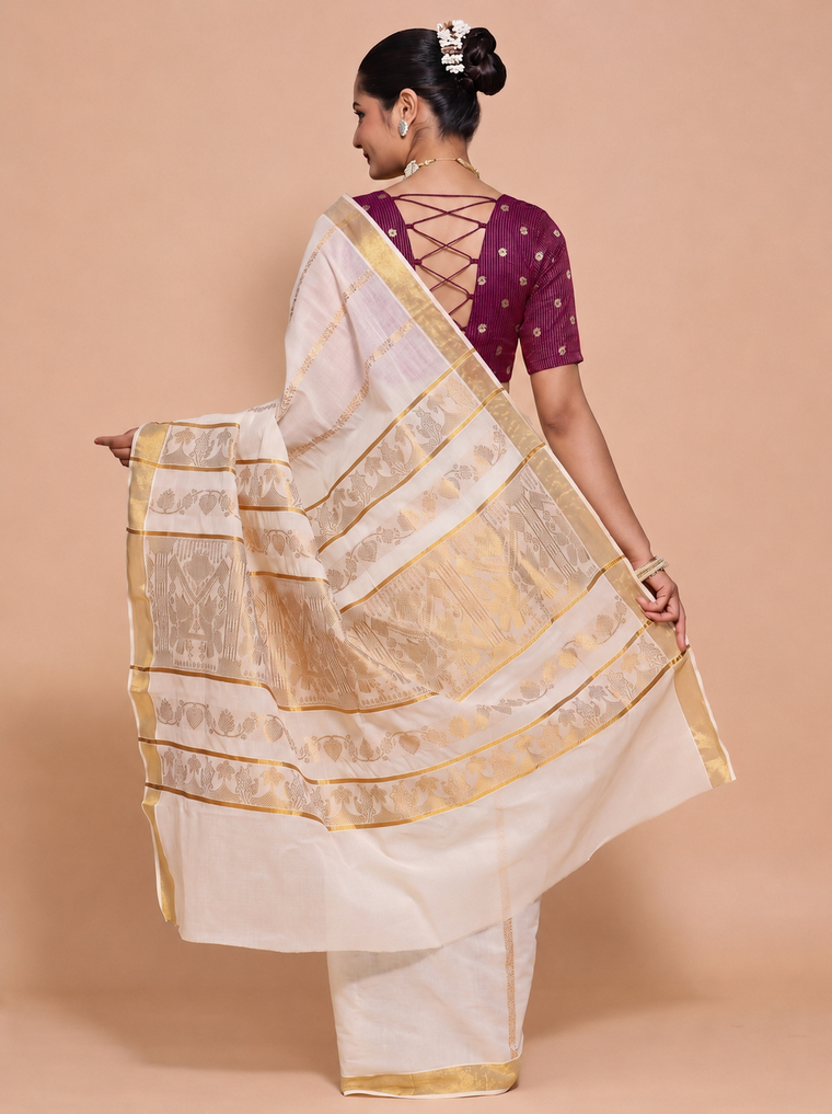 Kasavu-Kit Kasavu Saree with Madhura Elbow Sleeve blouse in Plum Striped Peacock Brocade