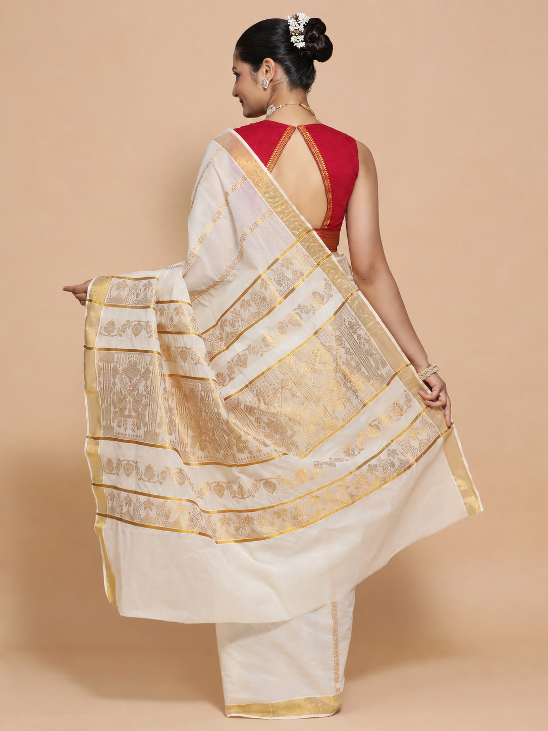 Kasavu-Kit Kasavu Saree with Varsha Sleeveless blouse in Chilli Red Mangalgiri
