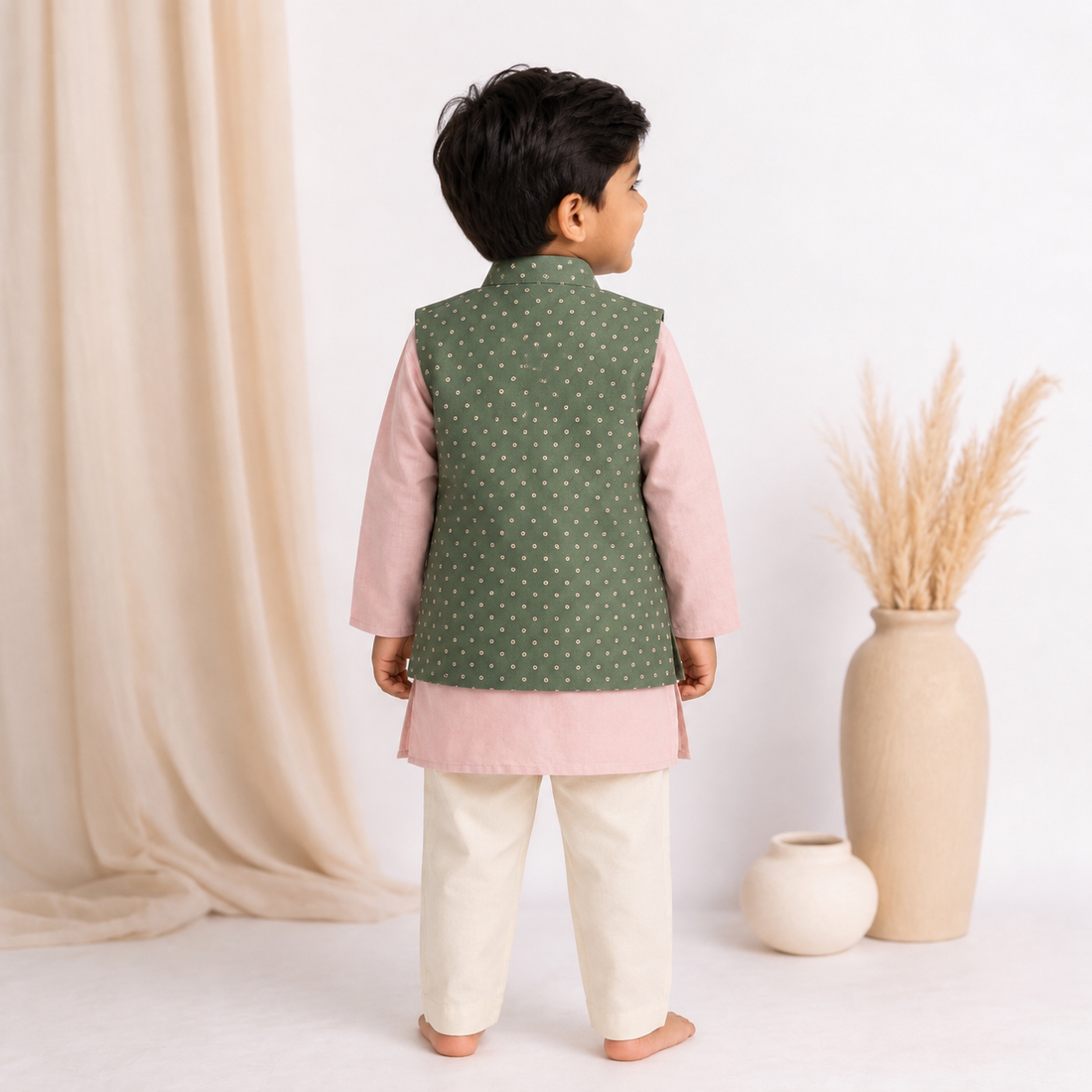 Sher x Tyohaar | Pink & Green Linen-Chandheri Kurta Pant & Jacket Set