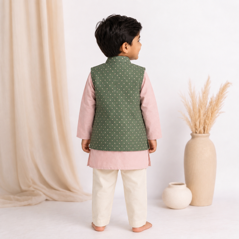 Sher x Tyohaar | Pink & Green Linen-Chandheri Kurta Pant & Jacket Set