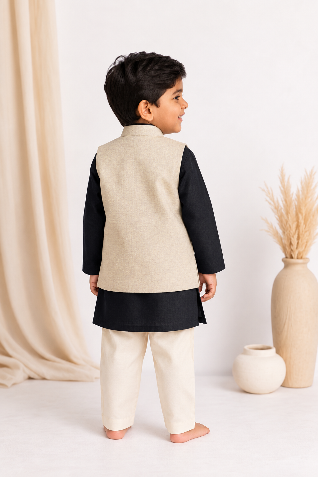 Sher x Tyohaar | Black & Oyster Grey Linen-Chandheri Kurta Pant & Jacket Set
