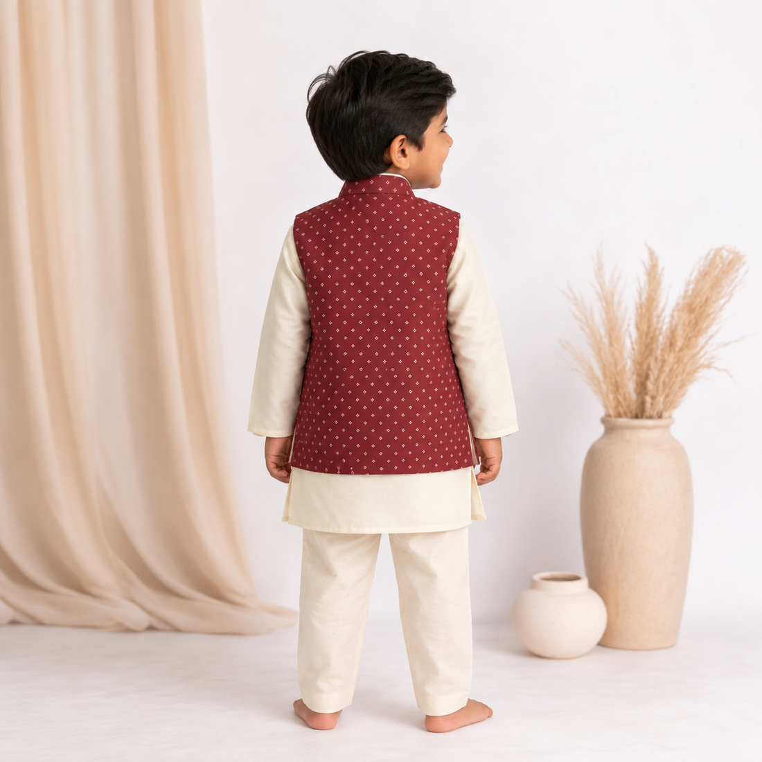 Sher x Tyohaar | White & Red Linen-Chandheri Kurta Pant & Jacket Set