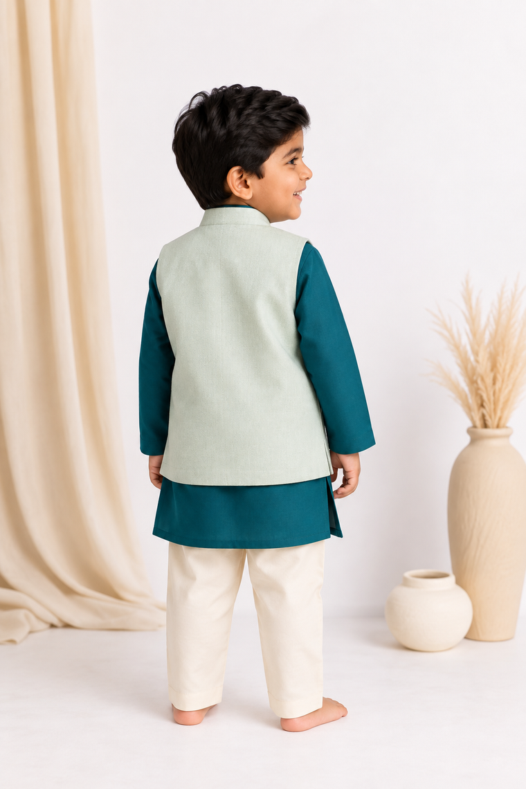 Sher x Tyohaar | Blue & Teal Linen-Chandheri Kurta Pant & Jacket Set