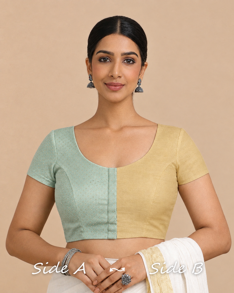 Krusha Reversible Duet | Blue Green × Ecru Beige Chandheri-Linen Saree Blouse