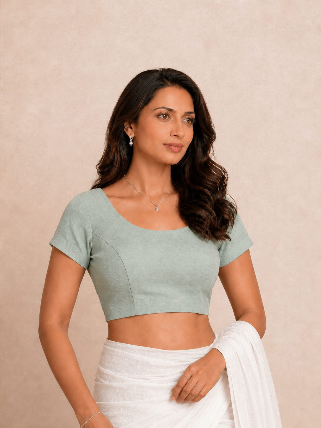 Dohra | Duet Reversible StretchFit Blouse | Forest Teal Satin Lycra + Sage Green Rayon Lycra