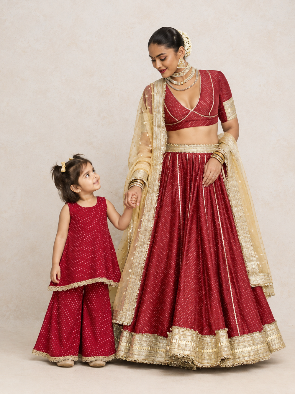 Mommy&Me | Kitty + Mehreen Red Foil Chandheri Kurta Set & Lehenga Set Combo
