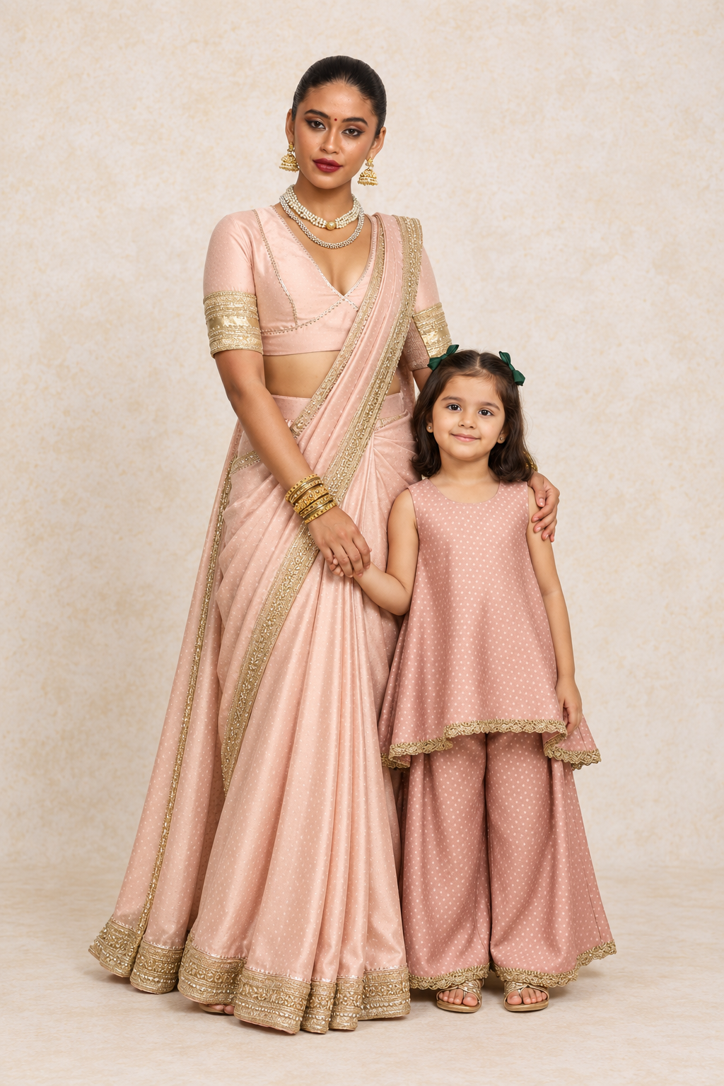 Mommy&Me | Kitty + Elira Pink Foil Chandheri Kurta Set & Saree Blouse Combo