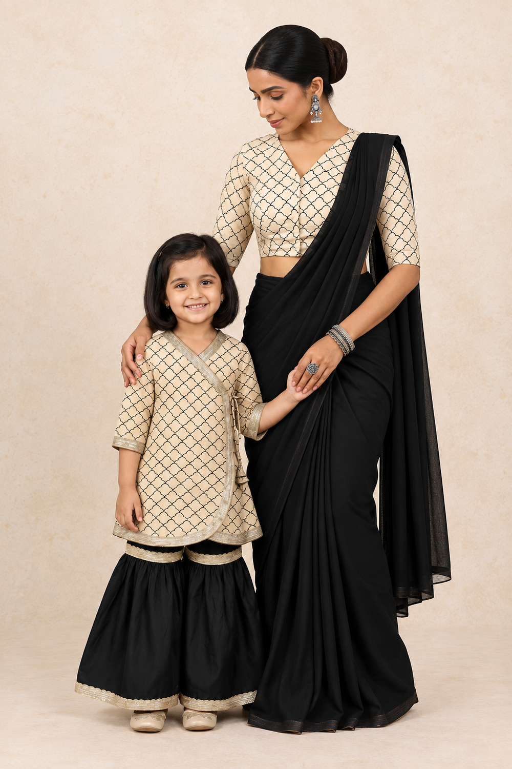 Mommy&Me | Mimi + Shabun Cream Fishscale Block Print Cotton Kurta Set & Saree Blouse Combo