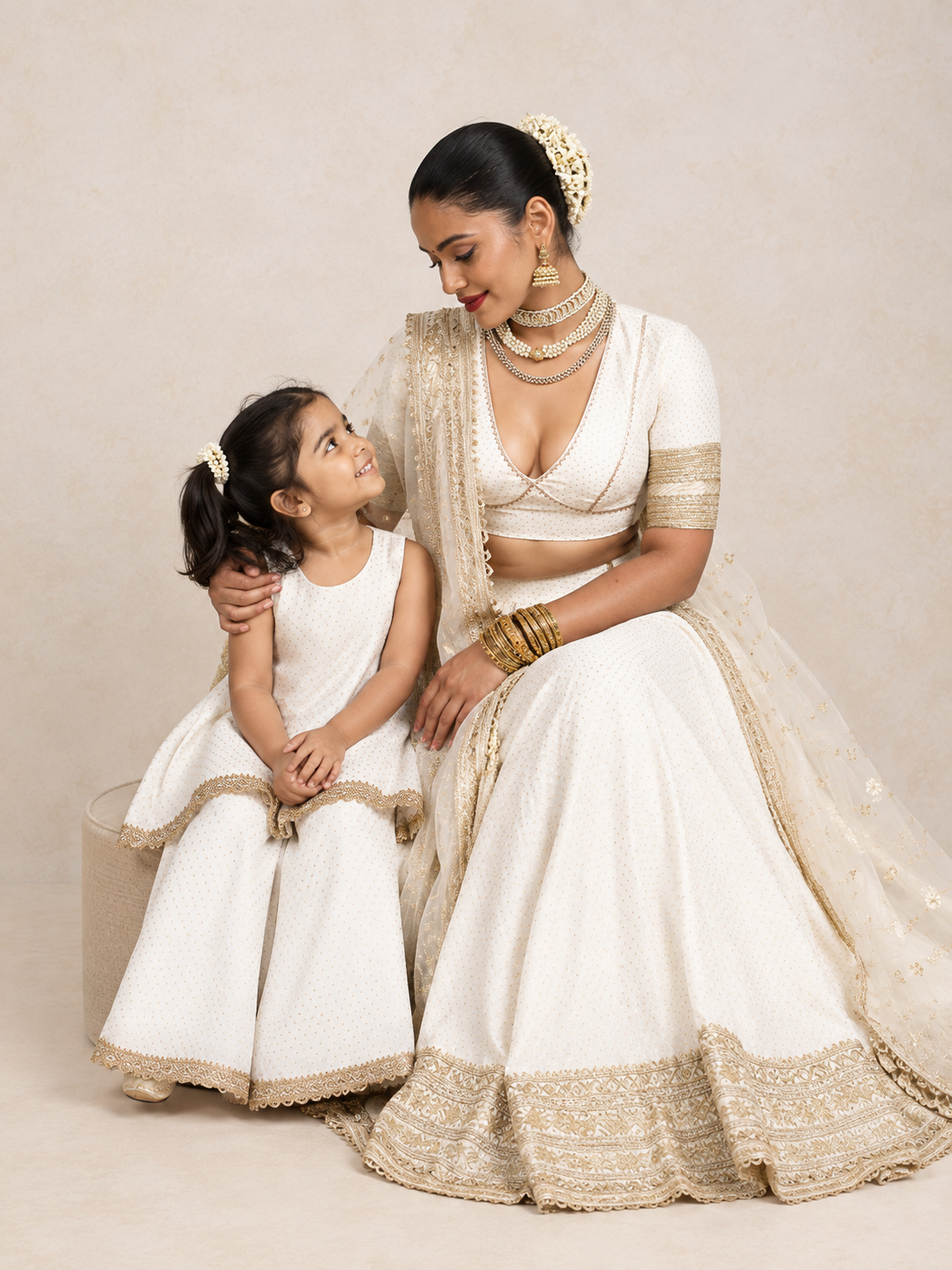Mommy&Me | Kitty + Elira White Foil Chandheri Kurta Set & Saree Blouse Combo