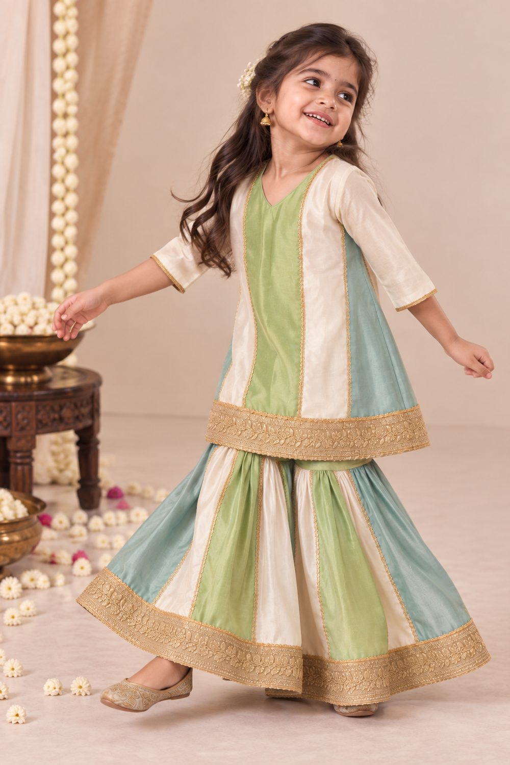 Zimiya x Tyohaar | Blue & Green Plain Chandheri Panelled Sharara Set