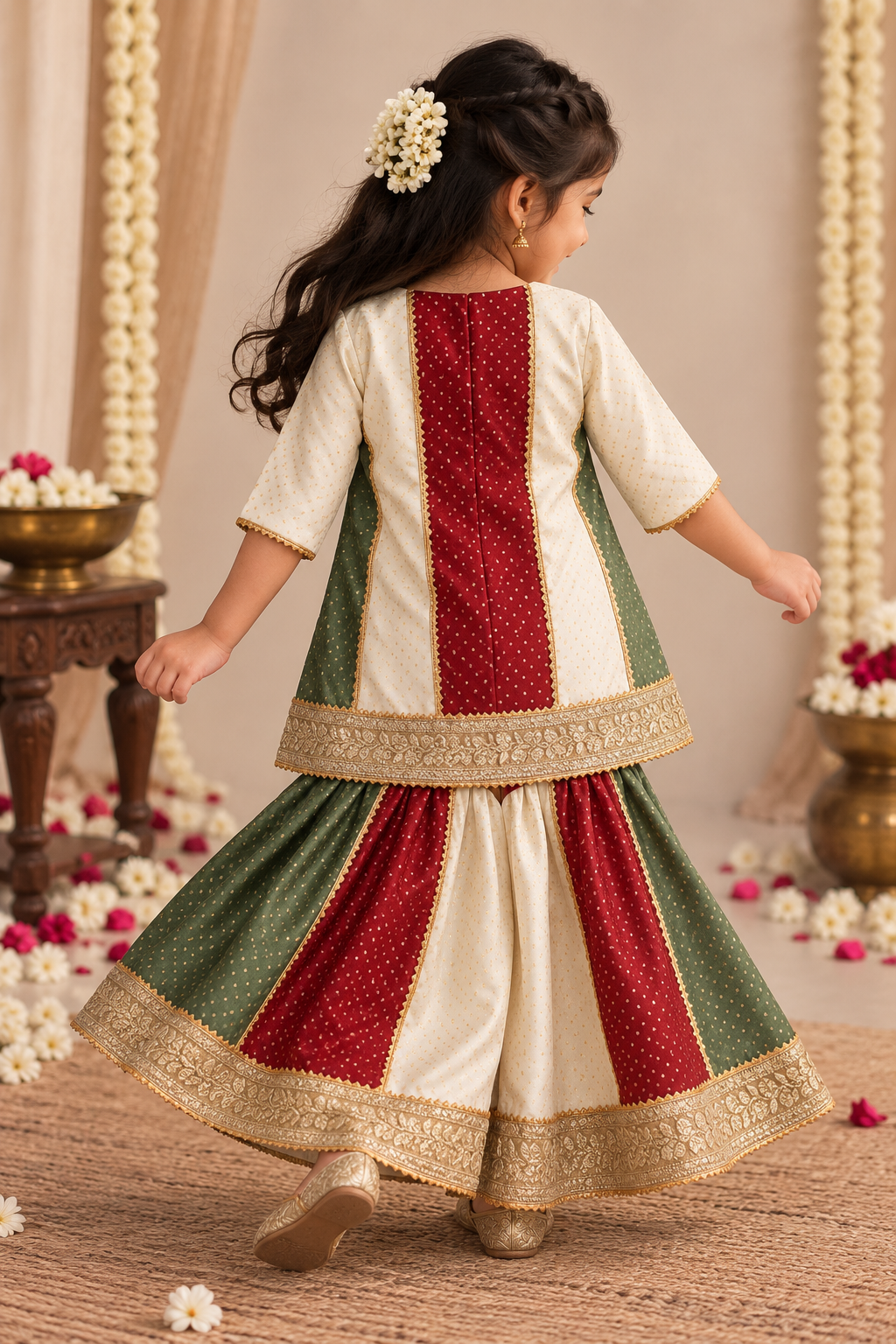 Alara x Tyohaar | Red & Green Foil Chandheri Panelled Sharara Set