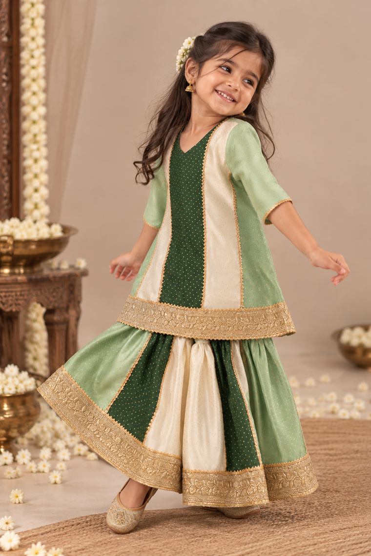 Alara x Tyohaar | Mint & Green Foil Chandheri Panelled Sharara Set