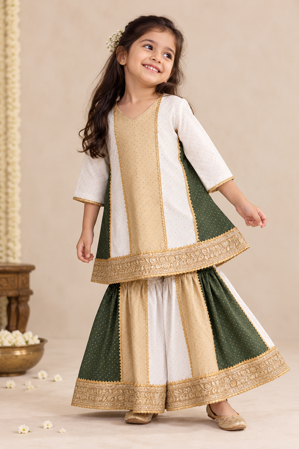Alara x Tyohaar | Oyster Grey & Green Foil Chandheri Panelled Sharara Set