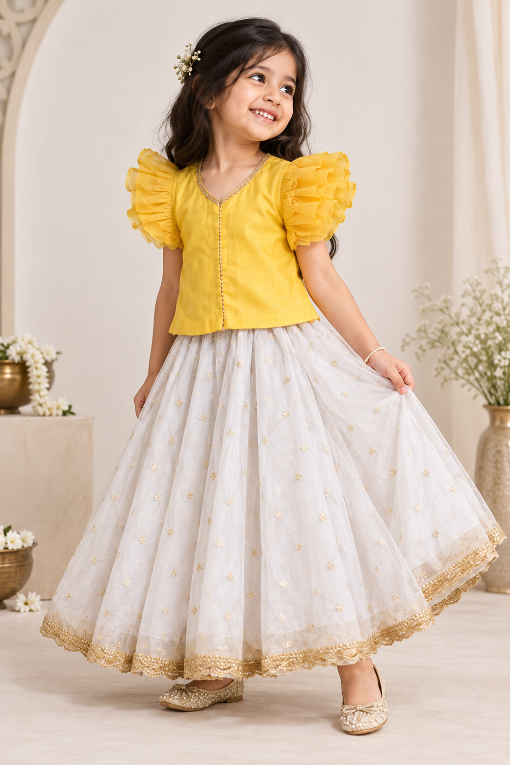 Gilheri x Tyohaar | Yellow & White Chandheri-Organza Ruffle Sleeve Lehenga Set