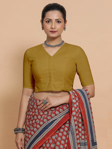 Chaya x Rozaana | V-Neck Khaki Plain Cotton Saree Blouse