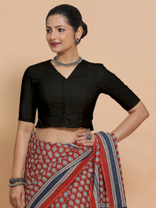 Chaya x Rozaana | V-Neck Black Plain Cotton Saree Blouse