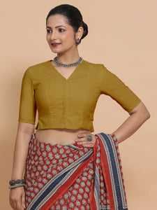 Chaya x Rozaana | V-Neck Khaki Plain Cotton Saree Blouse