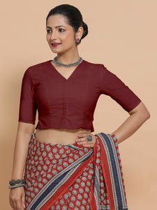 Chaya x Rozaana | V-Neck Royal Maroon Plain Cotton Saree Blouse