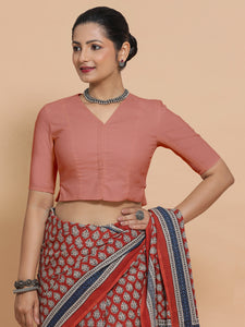 Chaya x Rozaana | V-Neck Soft Peach Plain Cotton Saree Blouse