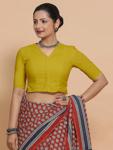 Chaya x Rozaana | V-Neck Sunny Yellow Plain Cotton Saree Blouse