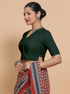 Chaya x Rozaana | V-Neck Moss Green Plain Cotton Saree Blouse