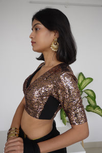 Arzoo x Tyohaar | Elbow Sleeves Gold Sequined Saree Blouse with V-Neck