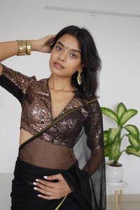 Arzoo x Tyohaar | Elbow Sleeves Gold Sequined Saree Blouse with V-Neck