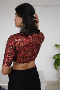 Arzoo x Tyohaar | Elbow Sleeves Red Sequined Saree Blouse with V-Neck