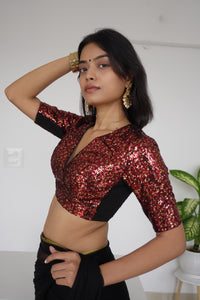 Arzoo x Tyohaar | Elbow Sleeves Red Sequined Saree Blouse with V-Neck