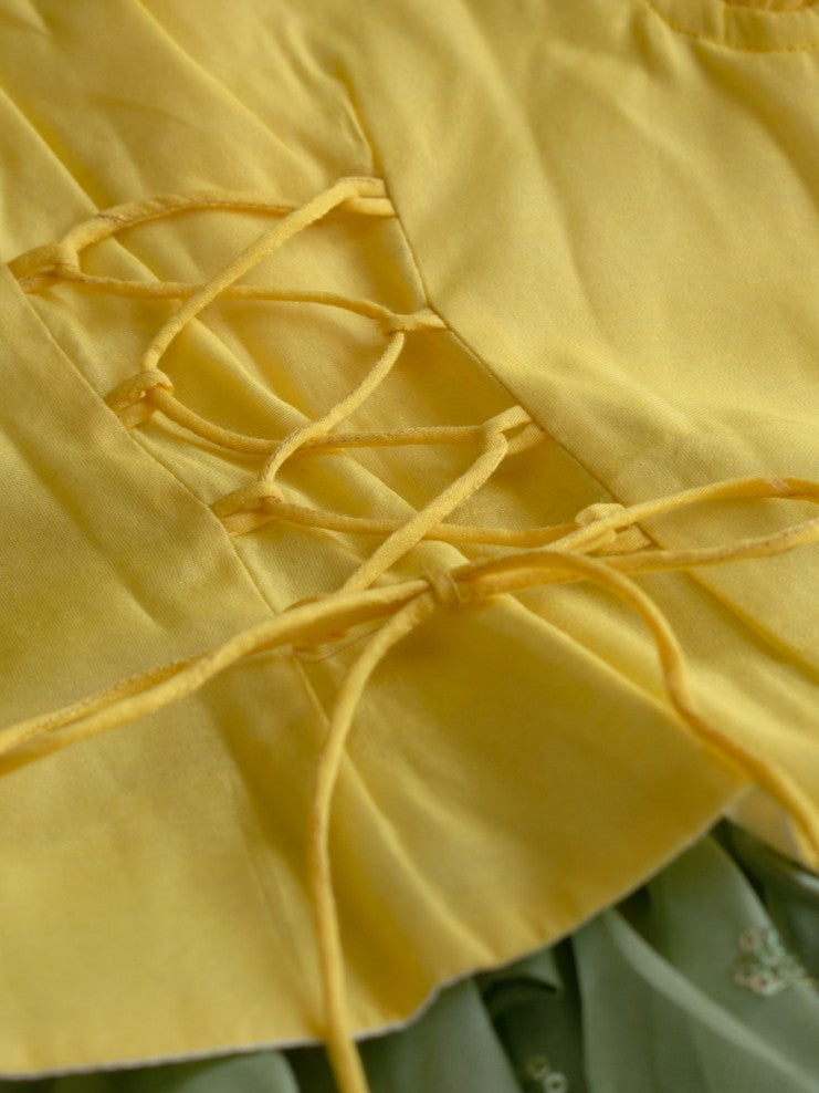 Gilheri x Tyohaar | Yellow & Green Chandheri-Organza Ruffle Sleeve Lehenga Set