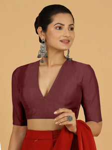 Damini x Rozaana | Deep Maroon Elbow Sleeves V-Neck Saree Blouse