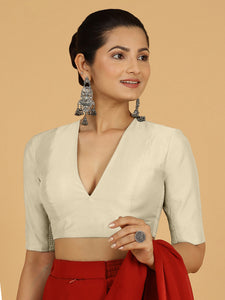 Damini x Rozaana | Ivory Elbow Sleeves V-Neck Saree Blouse