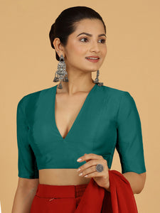 Damini x Rozaana | Peacock Green Elbow Sleeves V-Neck Saree Blouse