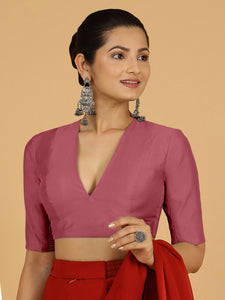 Damini x Rozaana | Rose Pink Elbow Sleeves V-Neck Saree Blouse