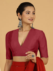 Damini x Rozaana | Scarlet Red Elbow Sleeves V-Neck Saree Blouse