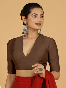 Damini x Rozaana | Walnut Brown Elbow Sleeves V-Neck Saree Blouse