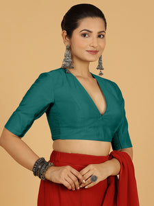 Damini x Rozaana | Peacock Green Elbow Sleeves V-Neck Saree Blouse