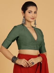 Damini x Rozaana | Pine Green Elbow Sleeves V-Neck Saree Blouse