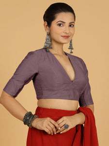 Damini x Rozaana | Purple Mauve Elbow Sleeves V-Neck Saree Blouse