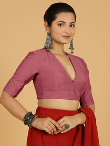 Damini x Rozaana | Rose Pink Elbow Sleeves V-Neck Saree Blouse