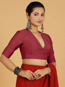 Damini x Rozaana | Scarlet Red Elbow Sleeves V-Neck Saree Blouse