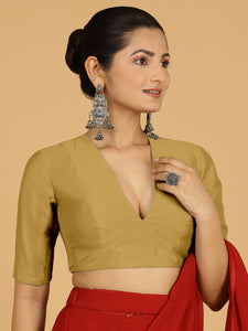 Damini x Rozaana | Dijon Mustard Elbow Sleeves V-Neck Saree Blouse