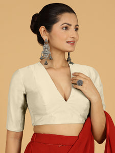 Damini x Rozaana | Ivory Elbow Sleeves V-Neck Saree Blouse